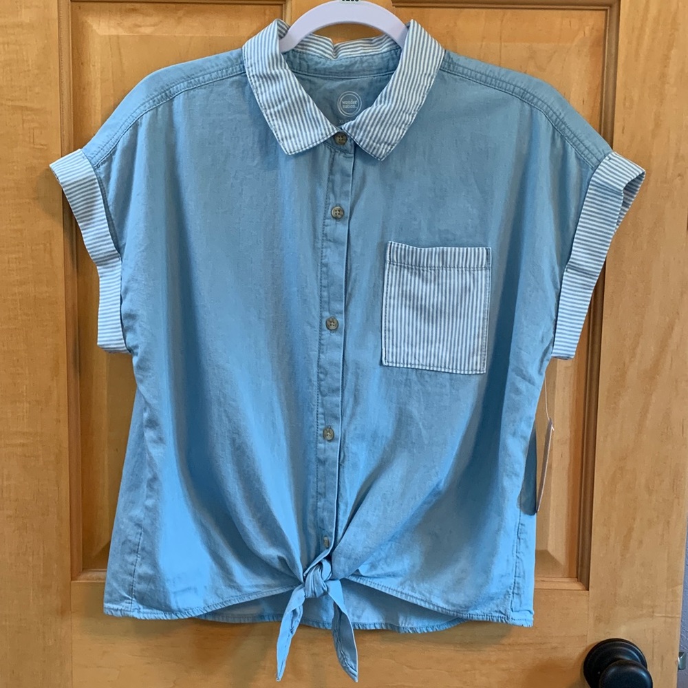 (K260) NWT, Wonder Nation Girls Plus Sz 14-16 Button Down Camp Top Breast Pocket